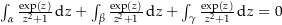 $\int_\alpha \frac{\exp\left(z\right)}{z^2+1} \dz + \int_\beta \frac{\exp\left(z\right)}{z^2+1} \dz + \int_\gamma \frac{\exp\left(z\right)}{z^2+1} \dz =0$